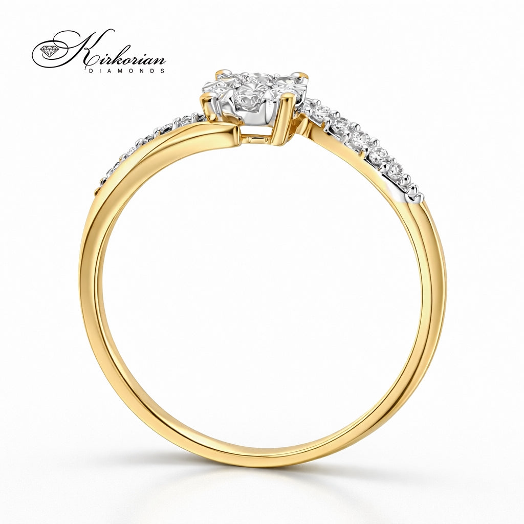 Годежен пръстен с диаманти 0.19 ct от жълто злато 14К – клъстер дизайн с диаманти по халката, специална оферта
