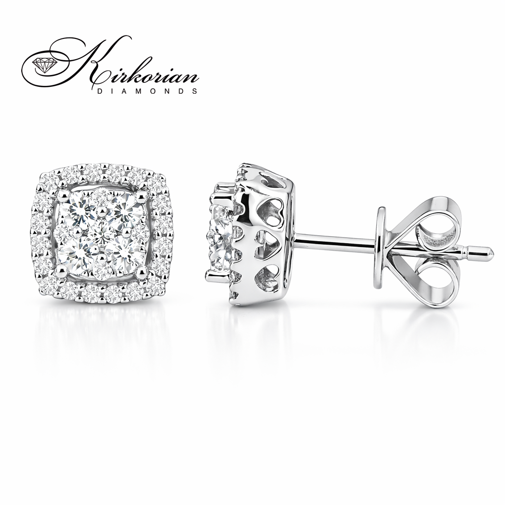 Обеци от бяло злато 14К с диаманти 0.38 ct, квадратен модел с централен клъстер и ореол от диаманти, код RN156