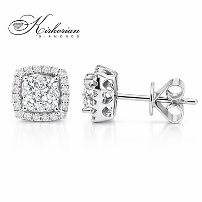 Обеци от бяло злато 14К с диаманти 0.38 ct, квадратен модел с централен клъстер и ореол от диаманти, код RN156