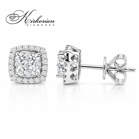 Обеци от бяло злато 14К с диаманти 0.38 ct, квадратен модел с централен клъстер и ореол от диаманти, код RN156