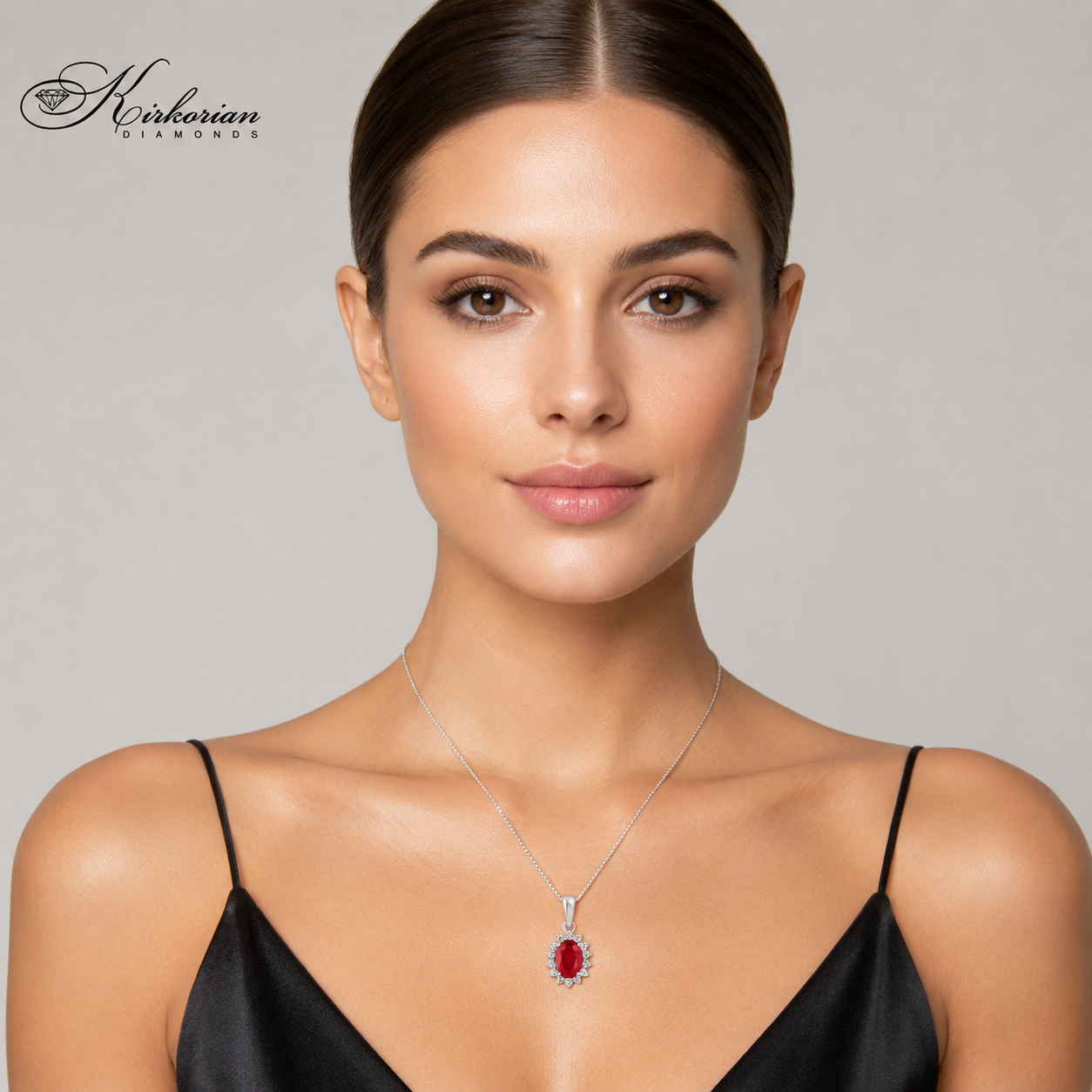 Дамско колие от 18К бяло злато с овален рубин 0.93 ct и диаманти 0.16 ct, представено върху модел – RN179.