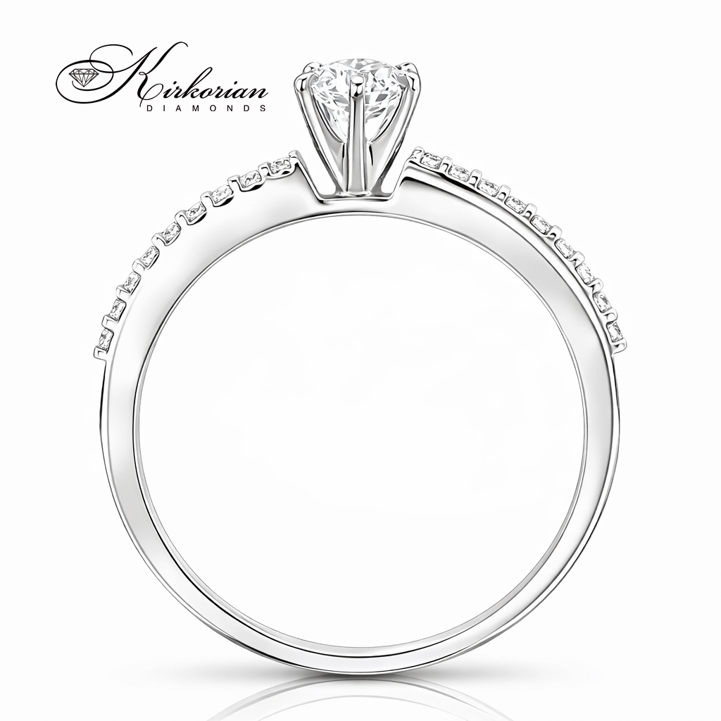 Годежен пръстен с диаманти 0.355ct от бяло злато 14К RN182B – страничен профил на солитер с шест зъба и диаманти по халката