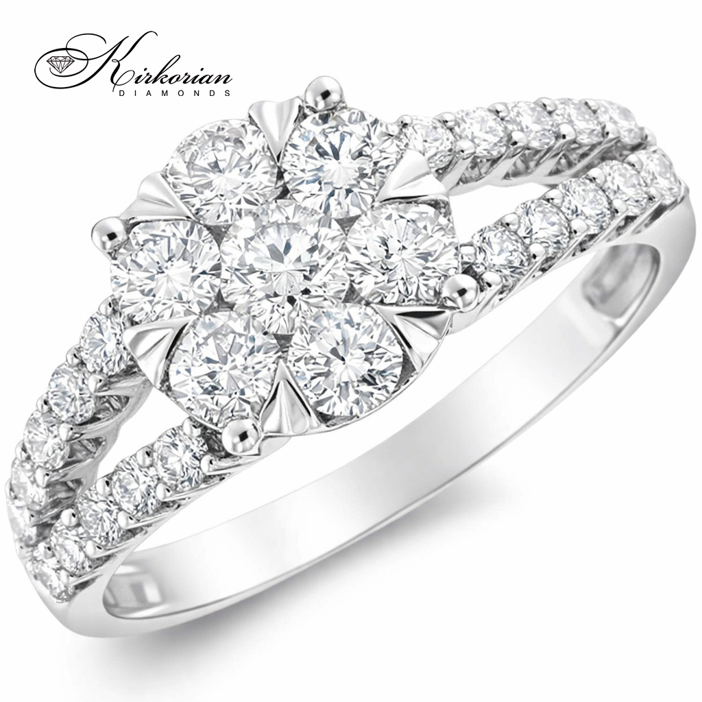 Луксозен годежен пръстен с диаманти 1.00ct от бяло злато 18K – модел RN221, елегантен пръстен с централен клъстер диаманти