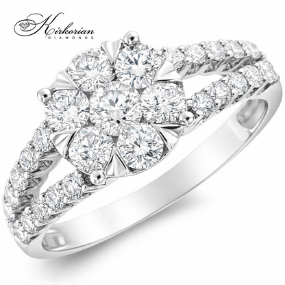 Луксозен годежен пръстен с диаманти 1.00ct от бяло злато 18K – модел RN221, елегантен пръстен с централен клъстер диаманти