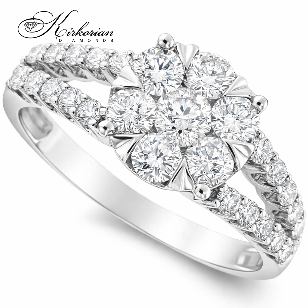 Луксозен годежен пръстен с диаманти 1.00ct от бяло злато 18K – модел RN221, фронтален изглед на диамантен клъстер