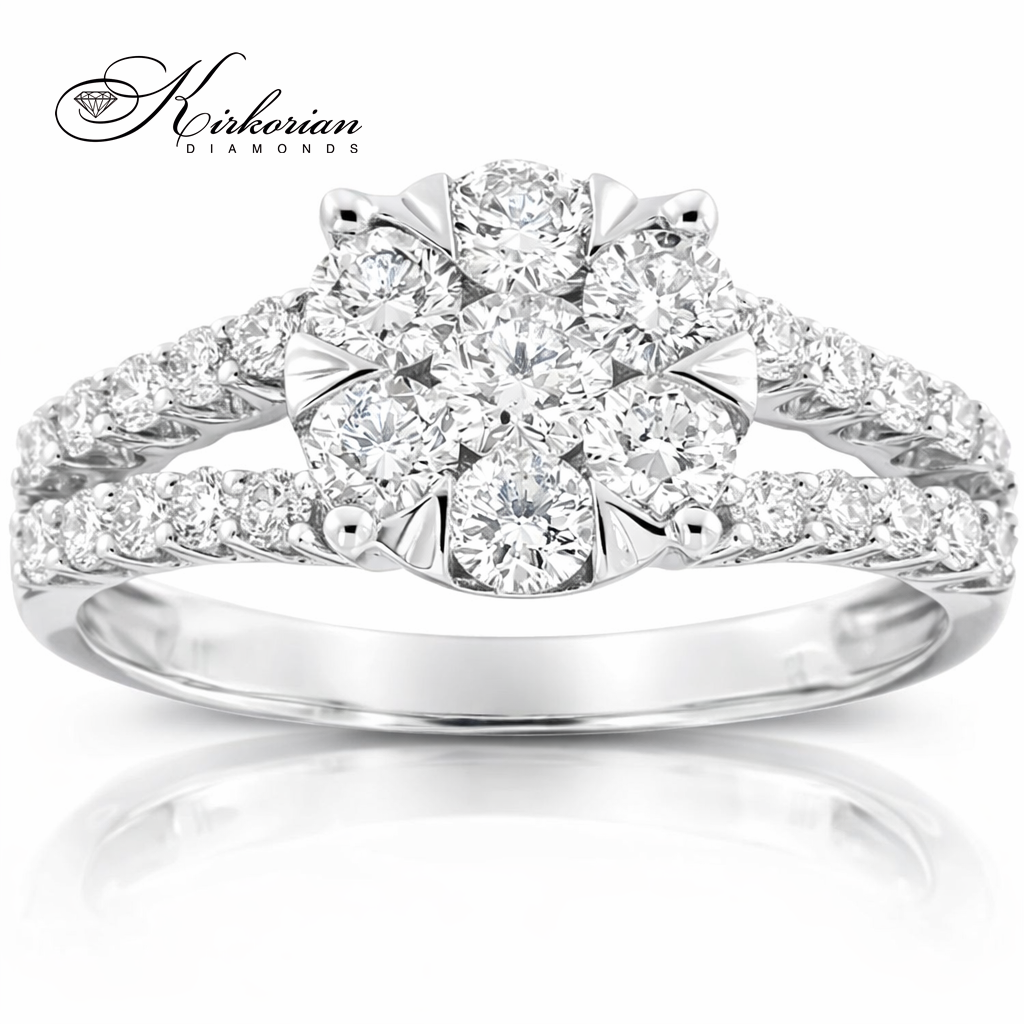 Луксозен годежен пръстен с диаманти 1.00ct от бяло злато 18K – модел RN221, цвете от брилянтни диаманти и халка с паве диаманти