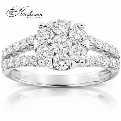 Луксозен годежен пръстен с диаманти 1.00ct от бяло злато 18K – модел RN221, цвете от брилянтни диаманти и халка с паве диаманти