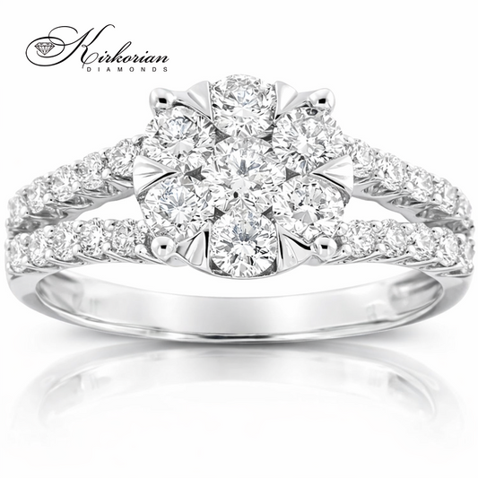 Луксозен годежен пръстен с диаманти 1.00ct от бяло злато 18K – модел RN221, цвете от брилянтни диаманти и халка с паве диаманти