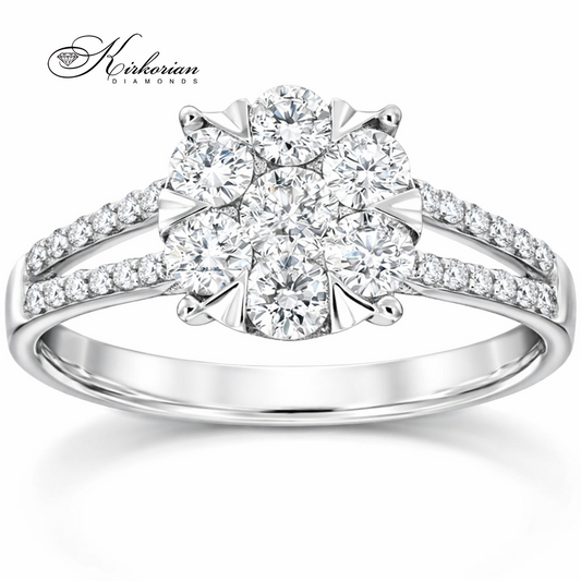 "Годежен пръстен от бяло злато 18К с диаманти 0.75 ct цветен клъстер дизайн KD сертификат модел RN222"