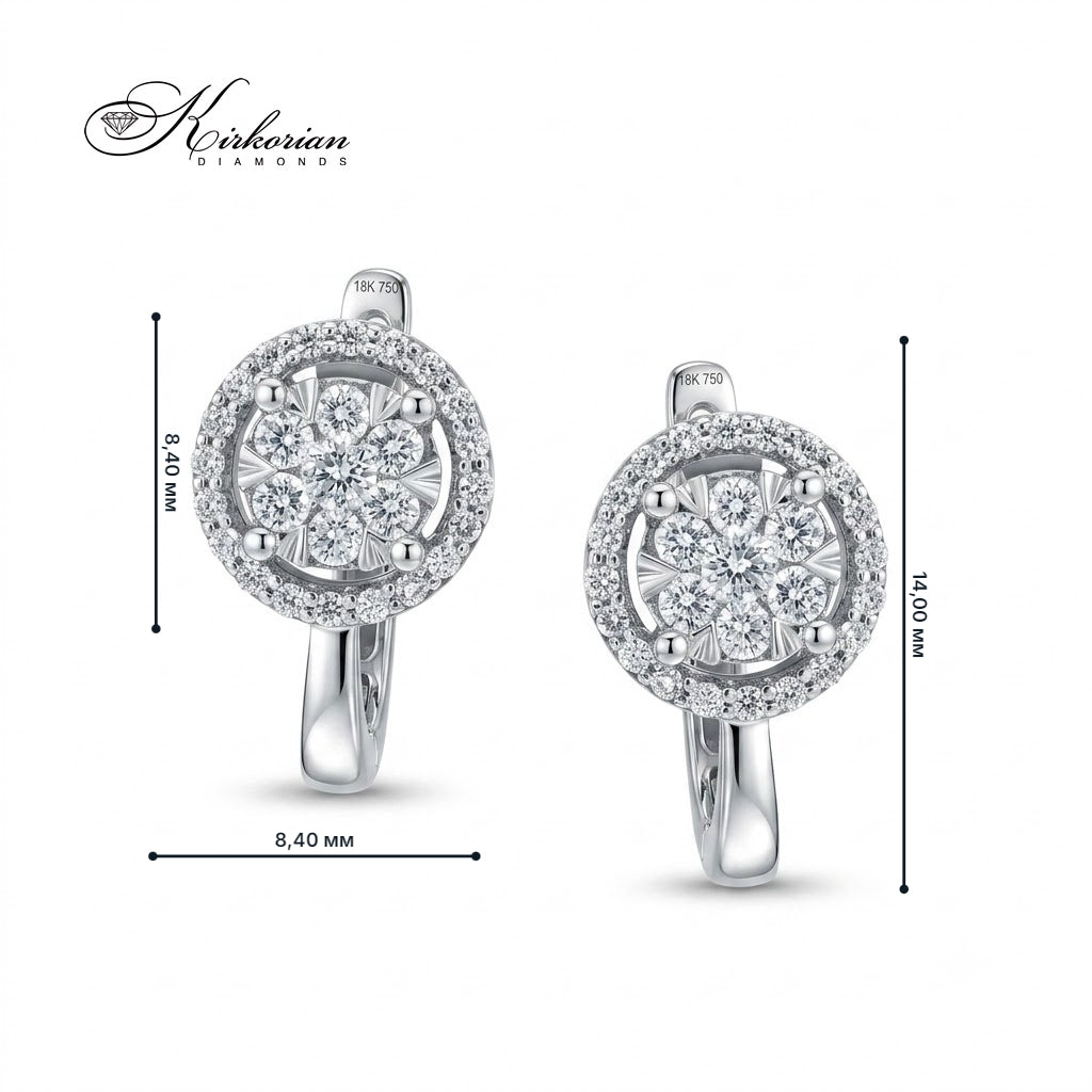 Обеци от бяло злато 18К с диаманти 0.43 ct модел RN71 Kirkorian Diamonds – обеци с английско закопчаване, размер 14.00 мм и централен диамантен клъстер