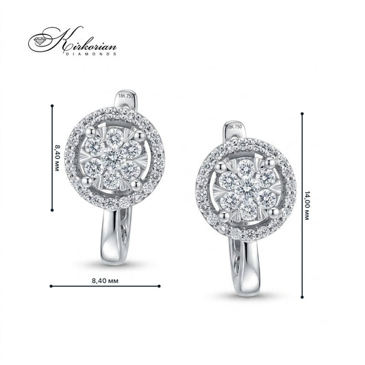 Обеци от бяло злато 18К с диаманти 0.43 ct модел RN71 Kirkorian Diamonds – обеци с английско закопчаване, размер 14.00 мм и централен диамантен клъстер