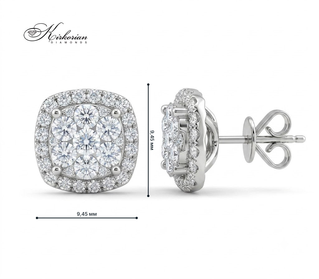 Обеци от бяло злато 18К с диаманти 1.00 ct модел RN99 Kirkorian Diamonds – квадратен дизайн с ореол от диаманти и размер 9.45 мм