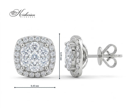 Обеци от бяло злато 18К с диаманти 1.00 ct модел RN99 Kirkorian Diamonds – квадратен дизайн с ореол от диаманти и размер 9.45 мм