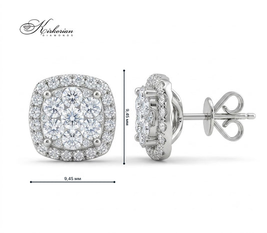 Обеци от бяло злато 18К с диаманти 1.00 ct модел RN99 Kirkorian Diamonds – квадратен дизайн с ореол от диаманти и размер 9.45 мм