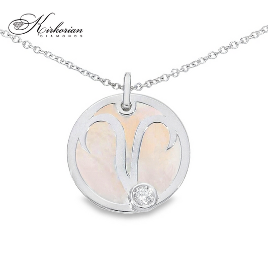 Колие Зодия Овен от Бяло Злато и Седеф 18К с Диамант 0.02 Карата - Код S237432 | Kirkorian Diamonds