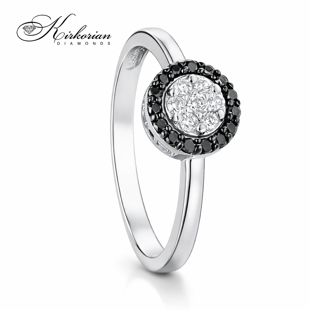 "Пръстен от бяло злато 18К с черни и бели диаманти 0.25 ct S253319 дизайнерски пръстен с кръгъл ореол от черни диаманти"