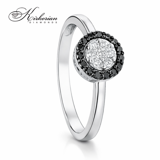 "Пръстен от бяло злато 18К с черни и бели диаманти 0.25 ct S253319 дизайнерски пръстен с кръгъл ореол от черни диаманти"