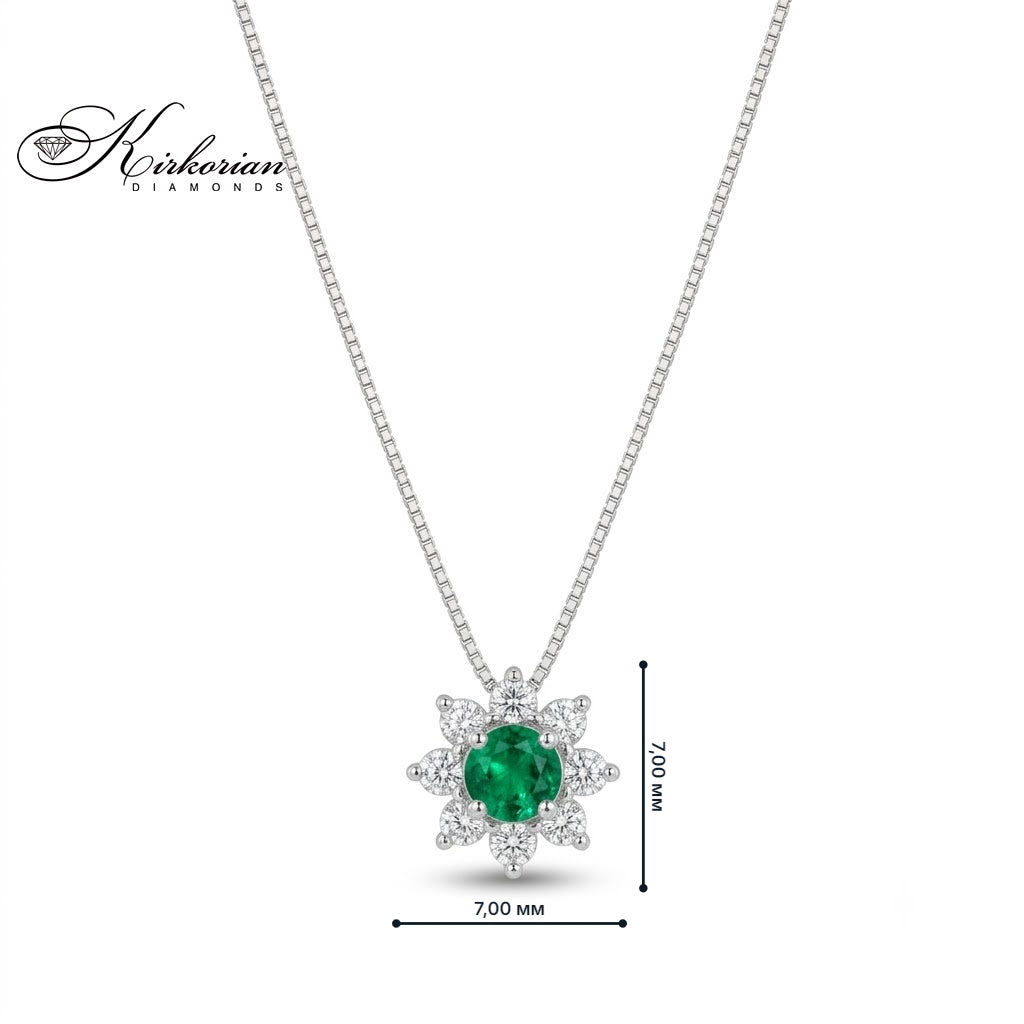 Колие от 18К бяло злато със смарагд 0.14 ct и диаманти, висулка 7 х 7 мм