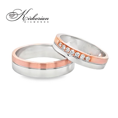 Брачни халки WRD118 от бяло и жълто злато 14k с диаманти 0.105ct – изработка по избор