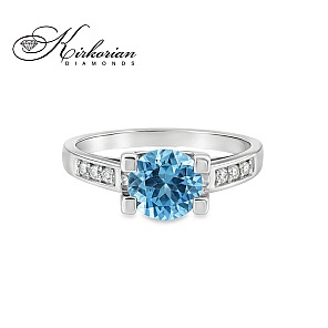 Годежен пръстен от бяло злато 14К с нежен син топаз 1.45 ct и диаманти 0.09 ct – модел с елегантна линия, код: K405