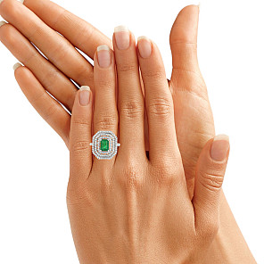 Пръстен от бяло злато 18K с изумруд 1.08ct и диаманти 0.58ct | Размер 54 | Сертификат