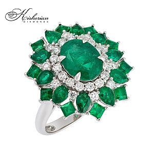 Бутиков пръстен с изумруди и диаманти 18К бяло злато луксозен модел IT57