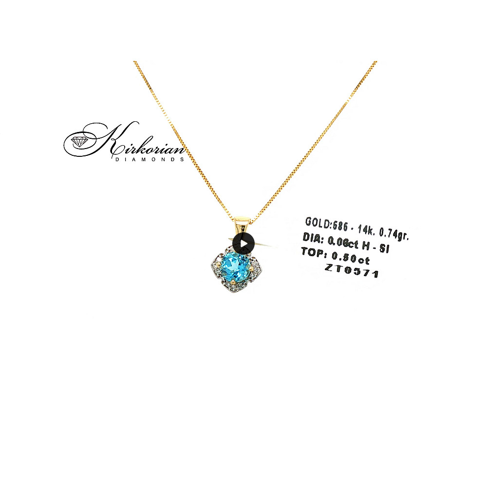 Колие от жълто злато 14К с топаз Швейцарски и диаманти – елегантна висулка, луксозна изработка, перфектен подарък