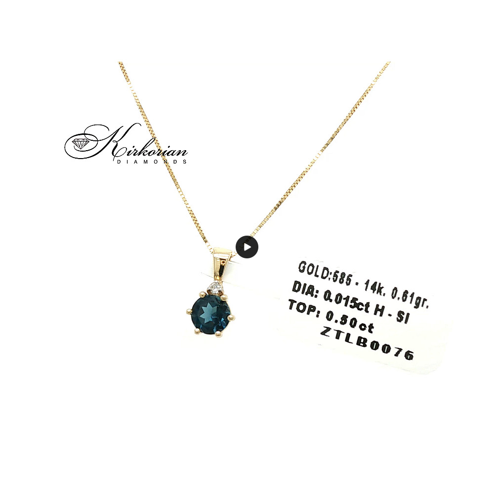 Колие от жълто злато 14К с Лондон Блу топаз 0.50 ct и диамант 0.015 ct | Код ZTLB0076 | Kirkorian Diamonds