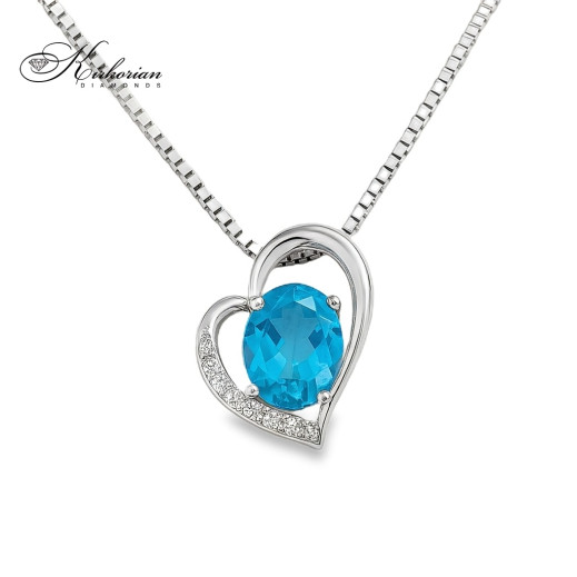 Колие сърце от бяло злато 14k с топаз 1.26ct и диаманти 0.04ct | Код: RN116
