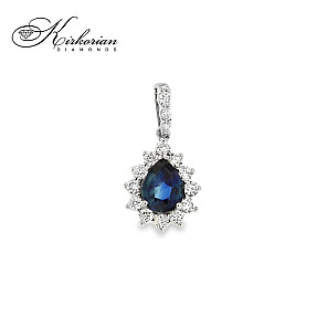 Висулка от бяло злато 18k с диаманти 0.15ct и сапфир 0.30ct във форма капка | Код: PD016441