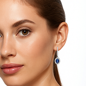 Луксозни висящи обеци от бяло злато 18к със сапфири 1.20ct и диаманти 0.24ct – Код E43495