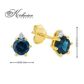 Обеци от жълто злато 14К с Лондон Блу топаз и диаманти | Луксозна изработка и изгодна цена