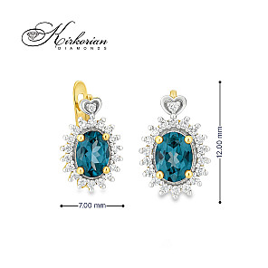 Обеци от жълто злато 14К с топаз Лондон Блу и диаманти – елегантен лукс на достъпна цена