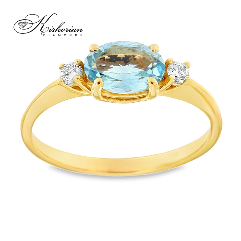 Годежен пръстен от бяло злато 14К със син топаз и диаманти 0.06 ct – код K454