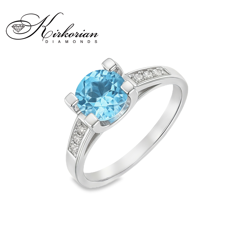 Годежен пръстен от бяло злато 14К с нежен син топаз 1.45 ct и диаманти 0.09 ct – модел с елегантна линия, код: K405