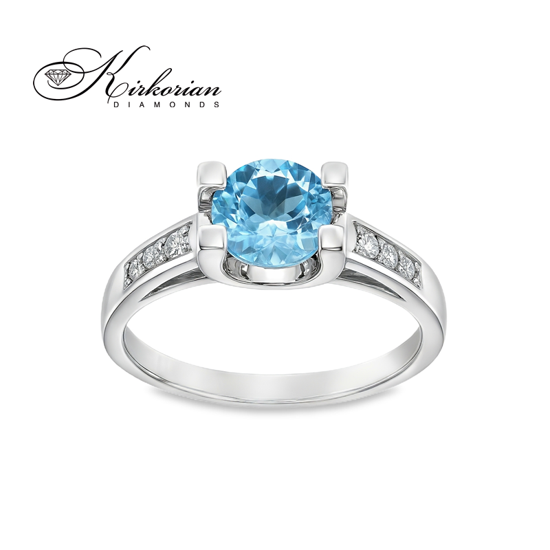 Годежен пръстен от бяло злато 14К с нежен син топаз 1.45 ct и диаманти 0.09 ct – модел с елегантна линия, код: K405