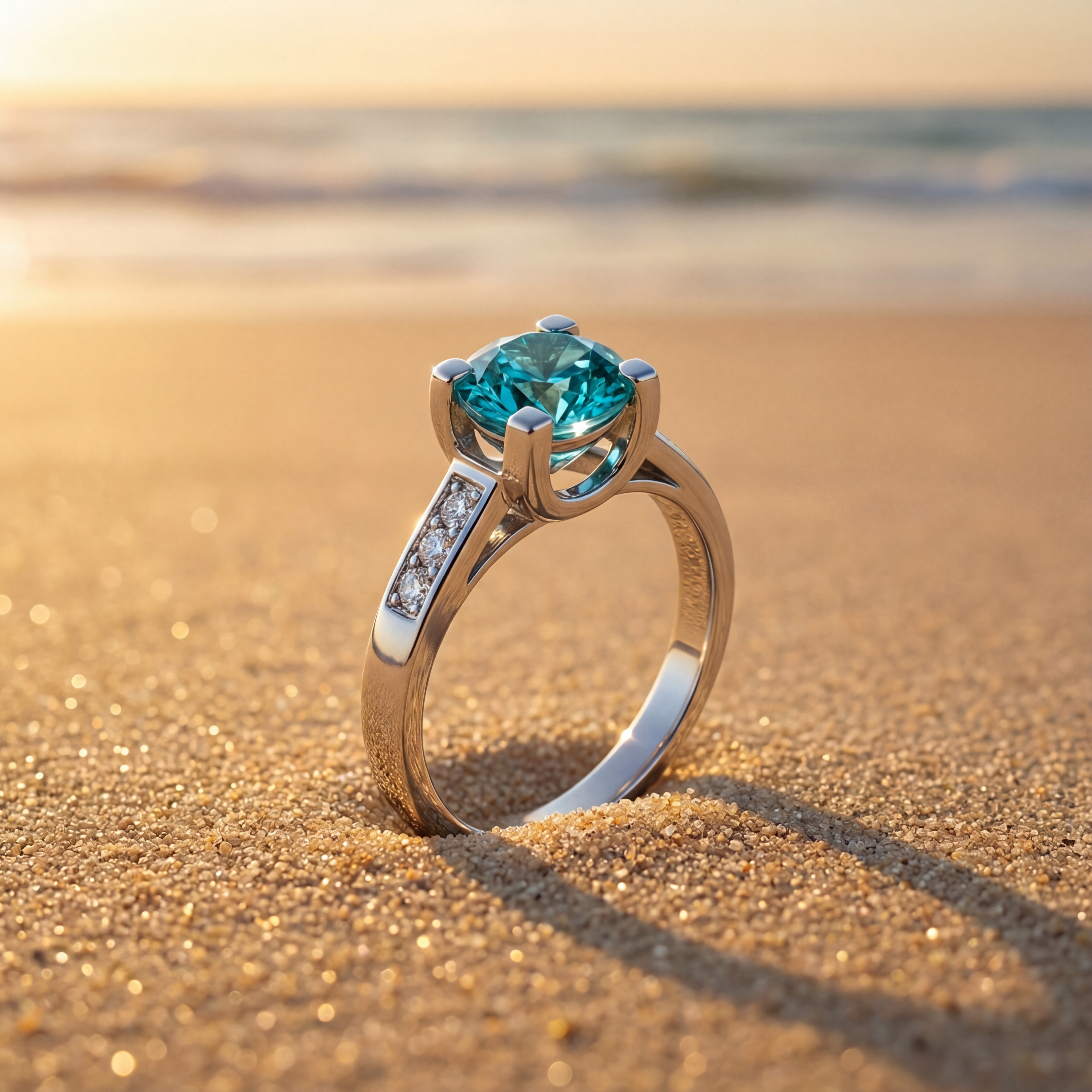 Годежен пръстен от бяло злато 14К с нежен син топаз 1.45 ct и диаманти 0.09 ct – модел с елегантна линия, код: K405