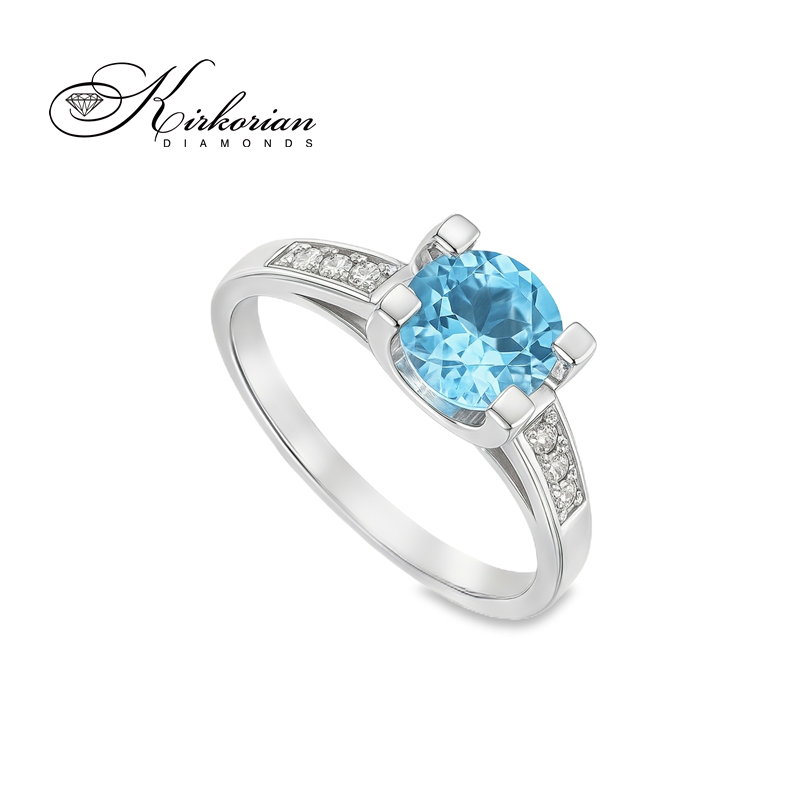 Годежен пръстен от бяло злато 14К с нежен син топаз 1.45 ct и диаманти 0.09 ct – модел с елегантна линия, код: K405
