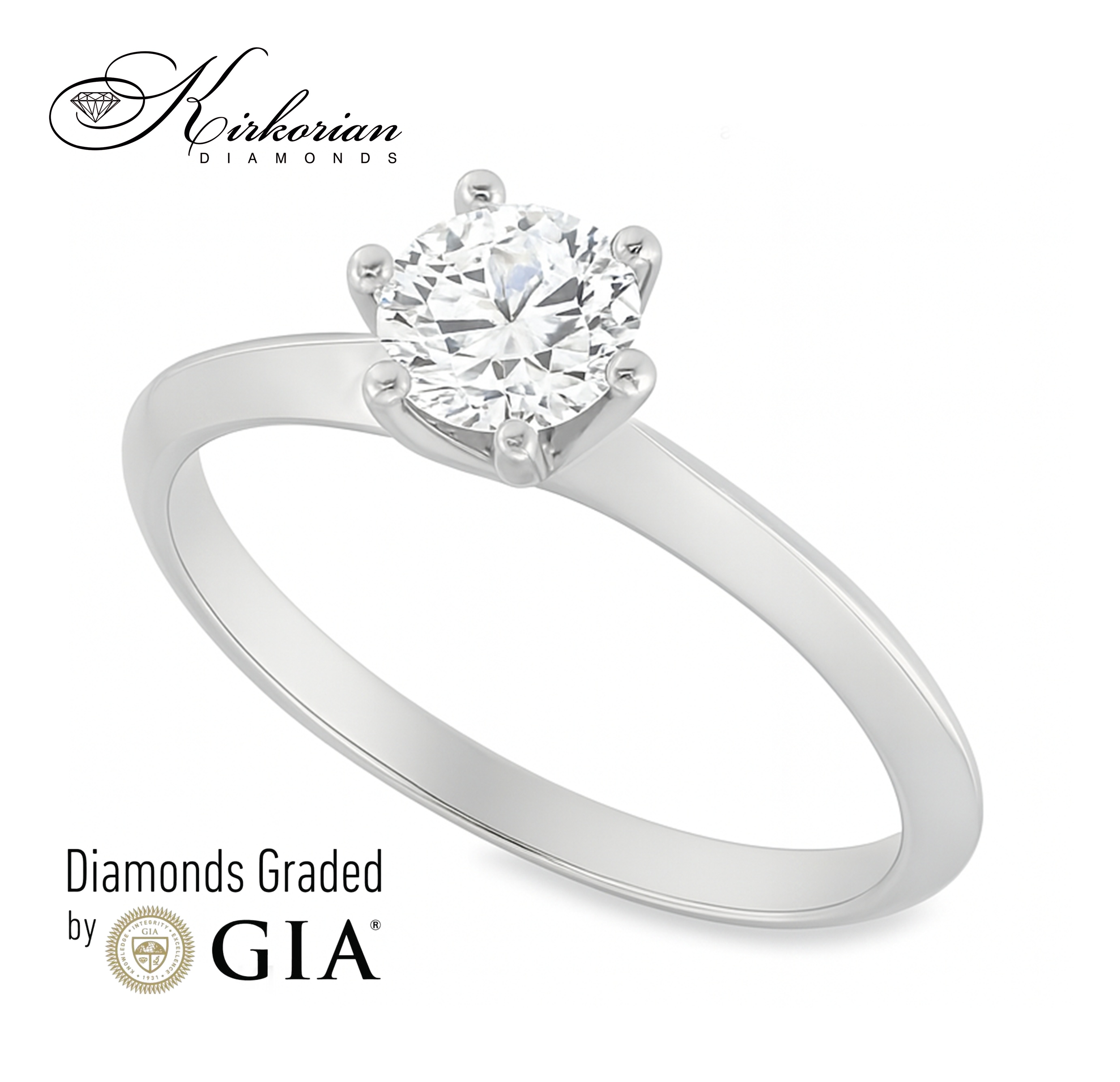Годежен пръстен от бяло злато 14К с диамант GIA 0.70 ct – класически солитър от Kirkorian Diamonds