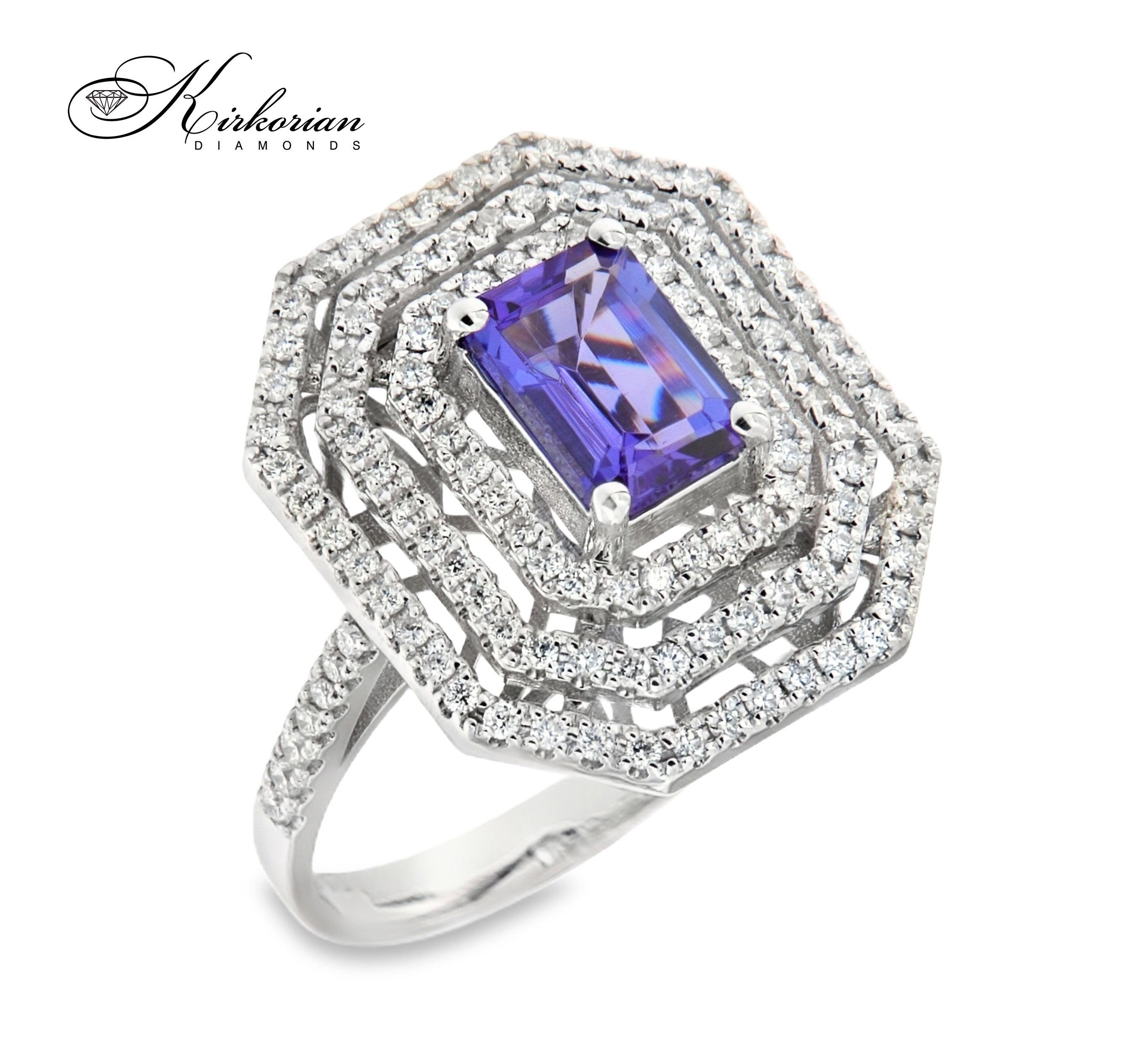 Годежен пръстен от бяло злато 18К с танзанит 1.13 ct и диаманти 0.46 ct – луксозна изработка Kirkorian Diamonds