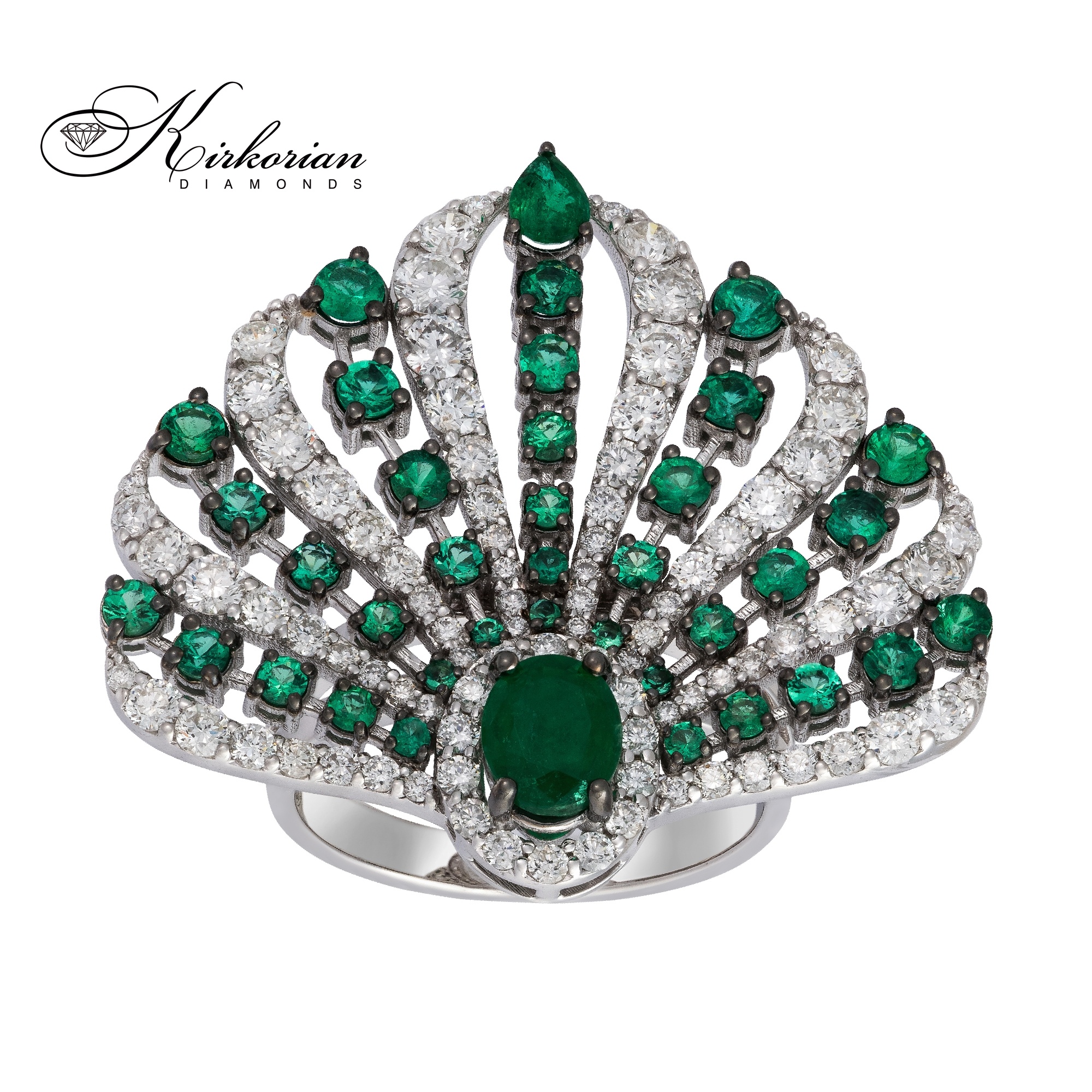 Бутиков пръстен с изумруд и диаманти от бяло злато 18К – луксозна изработка IT58