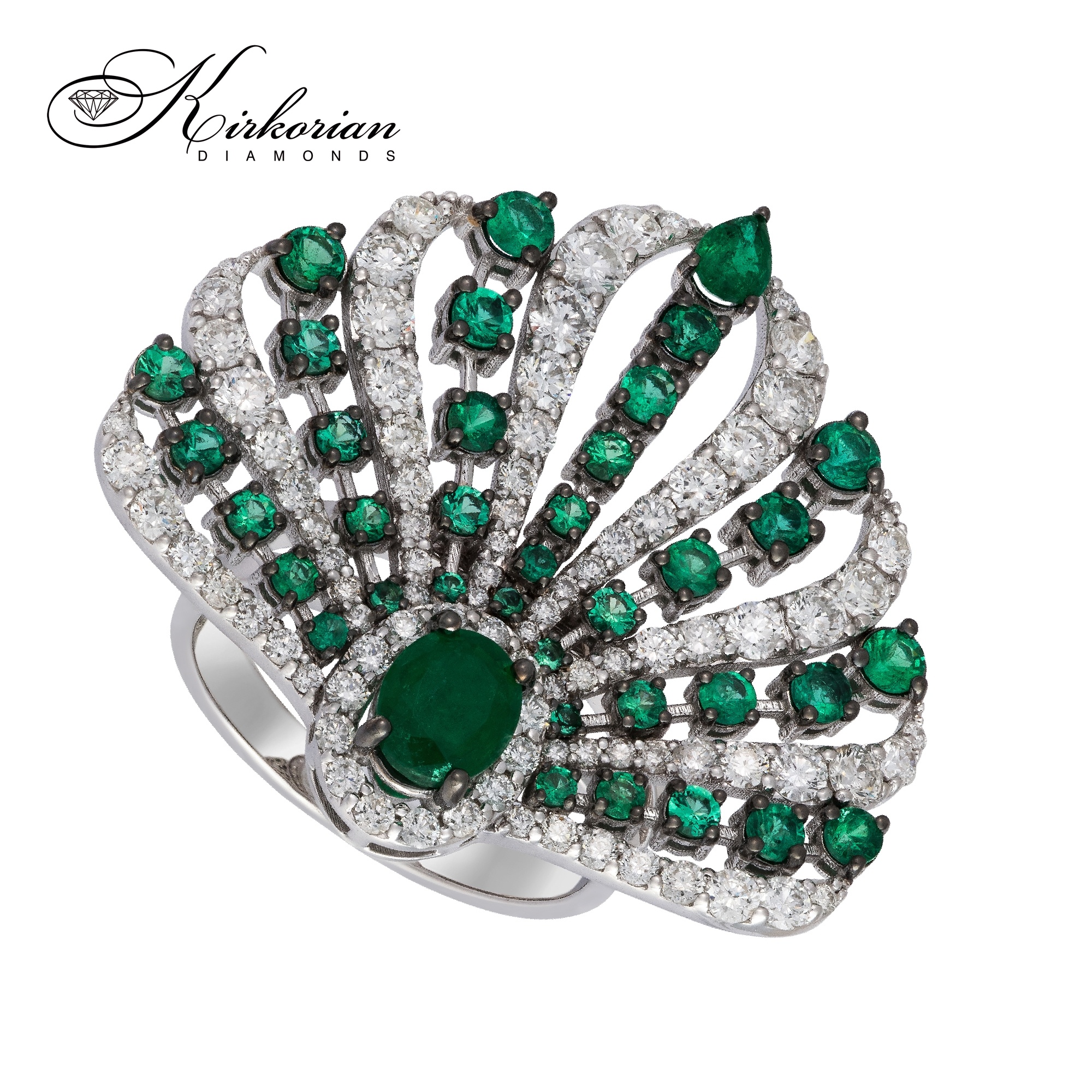 Бутиков пръстен с изумруд и диаманти от бяло злато 18К – луксозна изработка IT58