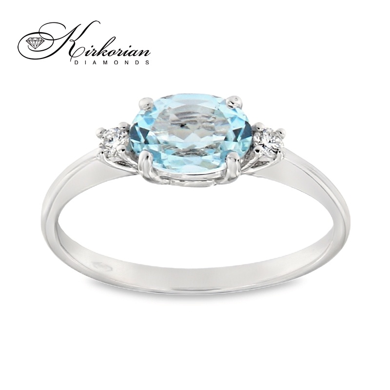 Годежен пръстен от бяло злато 14К със син топаз и диаманти 0.06 ct – код K454