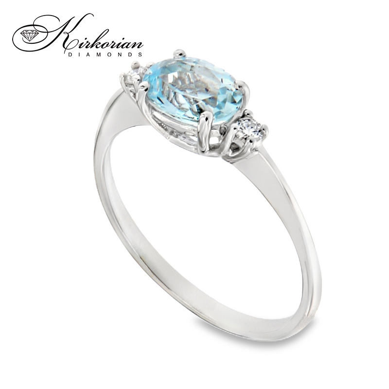 Годежен пръстен от бяло злато 14К със син топаз и диаманти 0.06 ct – код K454