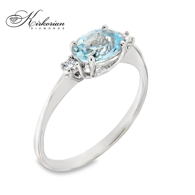 Годежен пръстен от бяло злато 14К със син топаз и диаманти 0.06 ct – код K454