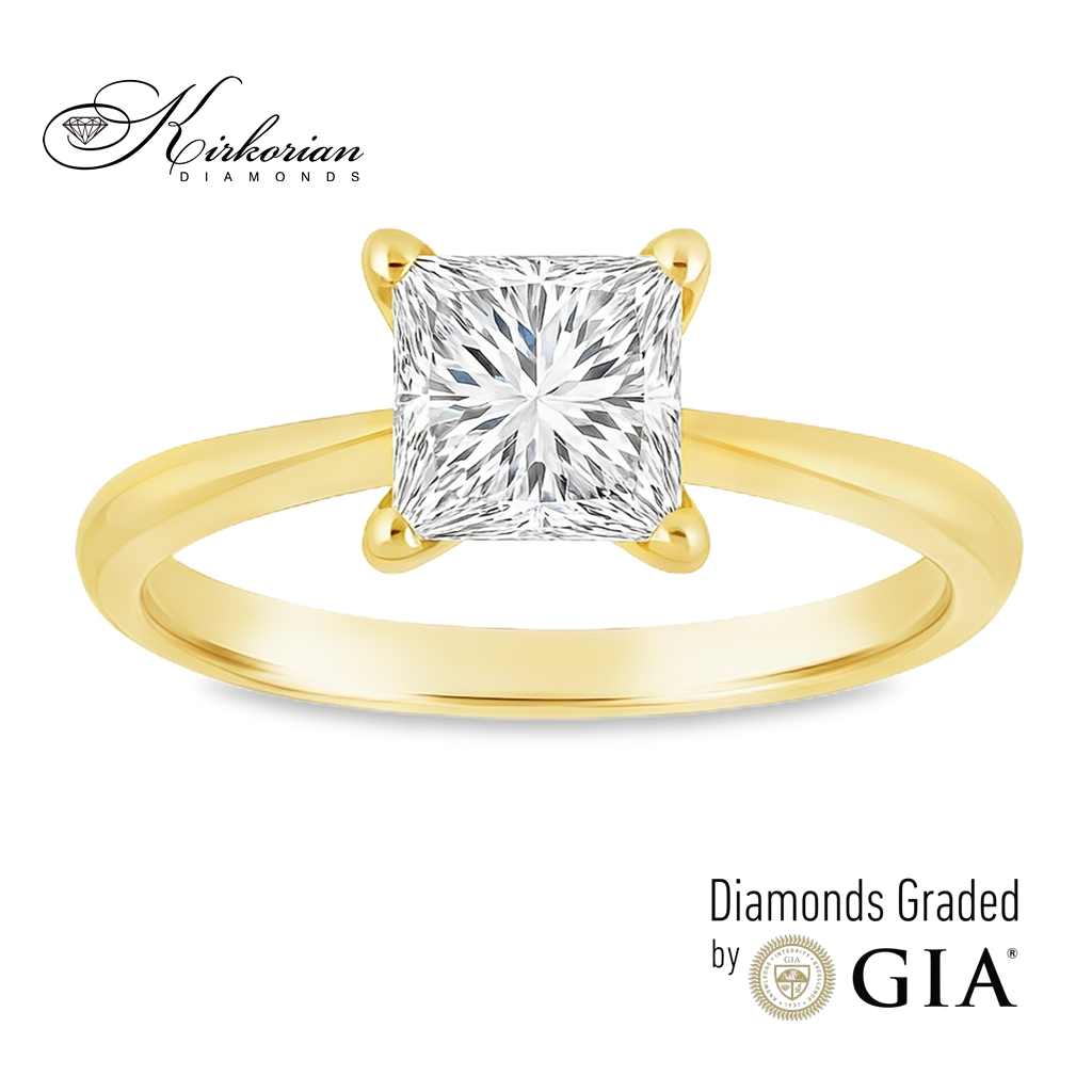 Годежен пръстен от жълто злато с инвестиционен диамант 1.00ct принцес GIA