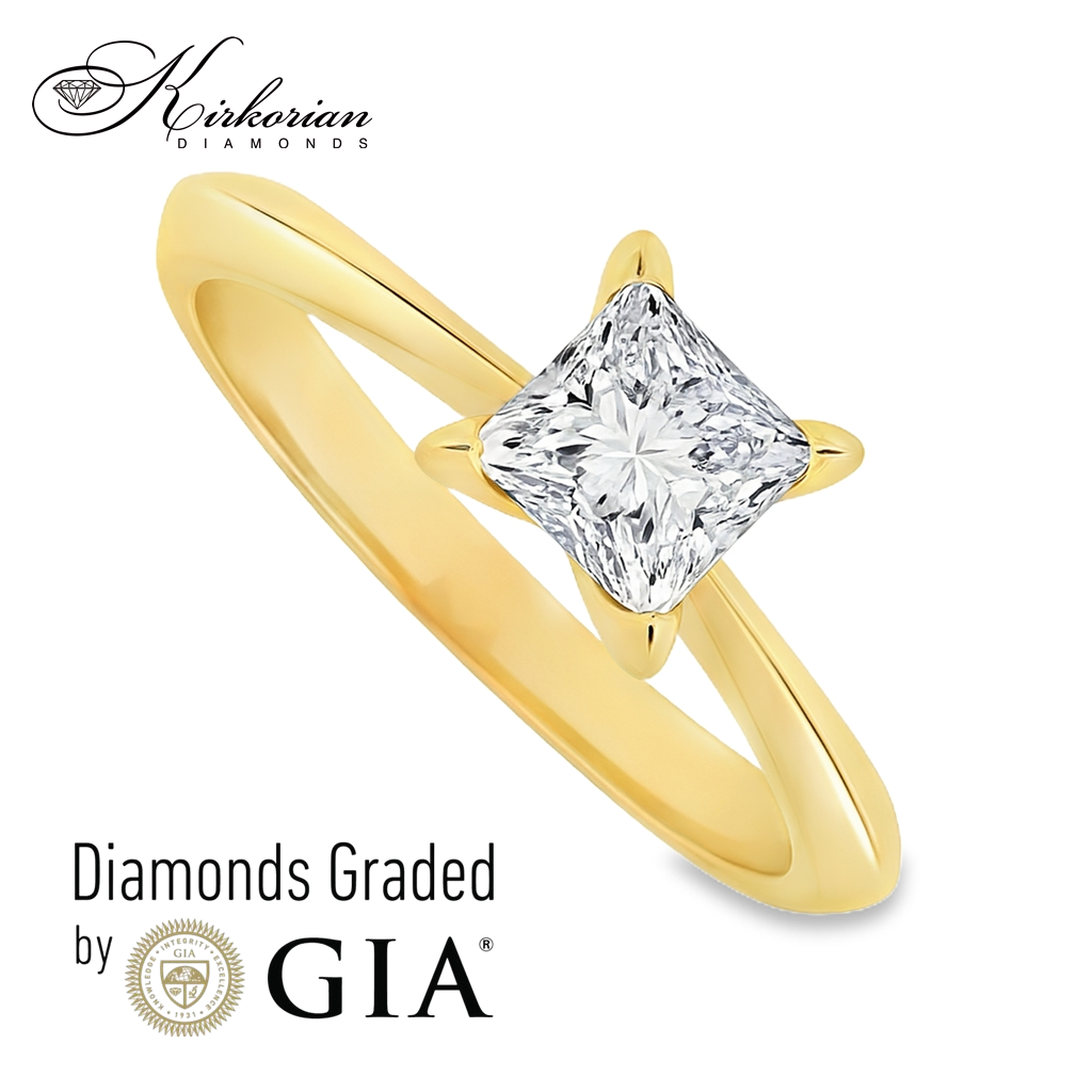 Годежен пръстен от жълто злато с инвестиционен диамант 1.00ct принцес GIA Годежен пръстен от жълто злато с инвестиционен диамант 1.00ct принцес GIA