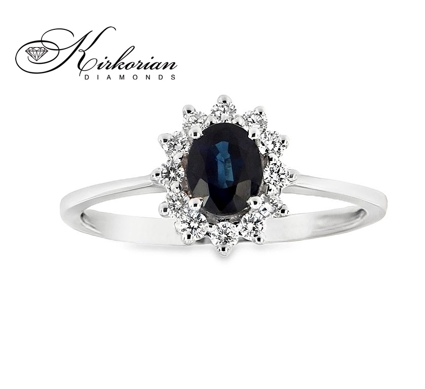Годежен пръстен със сапфир 0.60 ct и диаманти 0.25 ct от бяло злато 14К – модел RN48