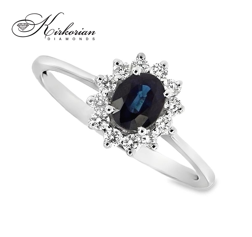 Годежен пръстен със сапфир 0.60 ct и диаманти 0.25 ct от бяло злато 14К – модел RN48