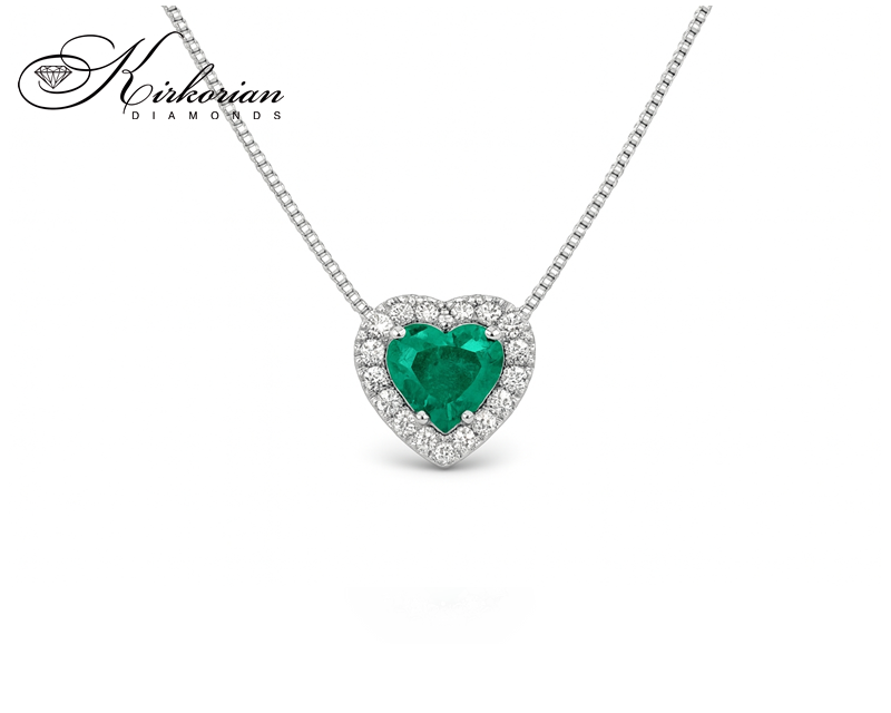 Колие от бяло злато 18К със смарагд 0.48 ct и диаманти – форма сърце S262852SB | Луксозен модел Kirkorian Diamonds